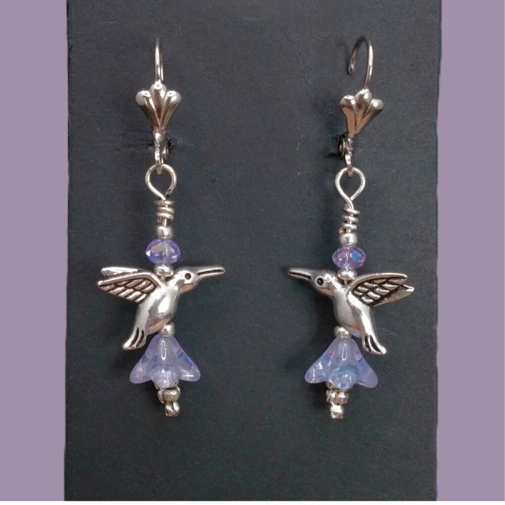Artisan Beaded Silver Hummingbird Earrings Dangle Iridescent Floral Crystal NEW